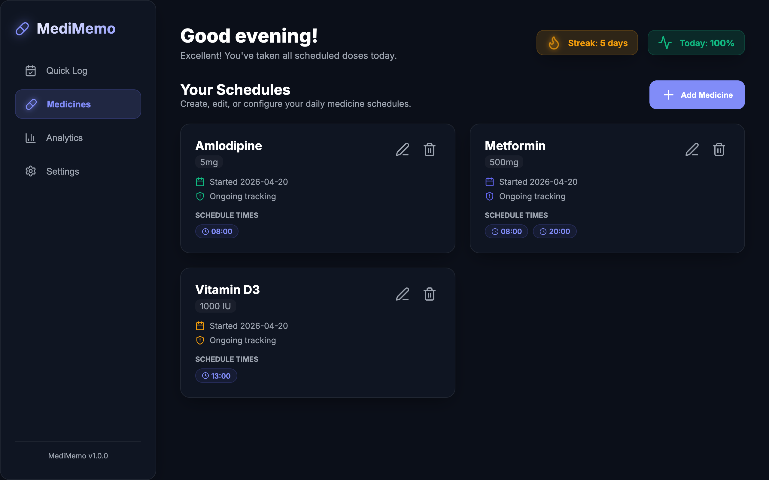 MediMemo medicine schedule cards with dosage and intake times