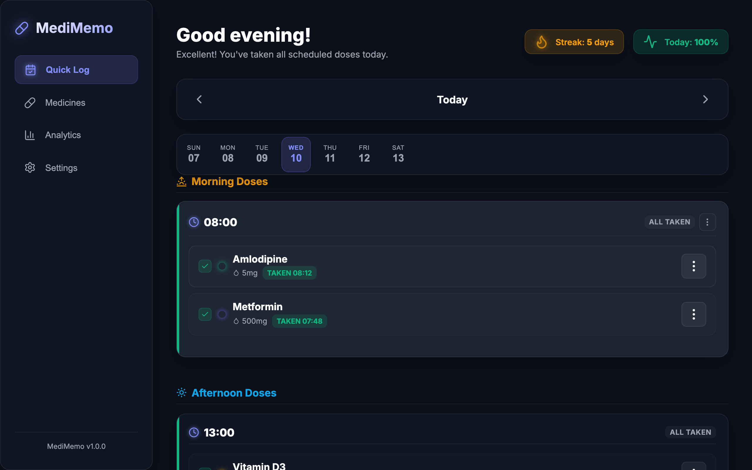 MediMemo daily tracker showing morning doses logged as taken